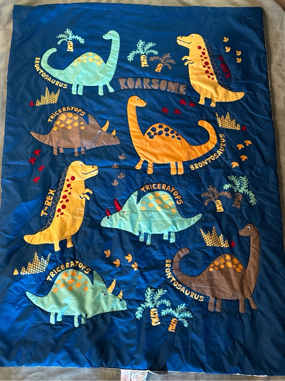 Roarsome Dino Quilted Baby Blanket - Navy with Yellow & Teal Dinosaurs